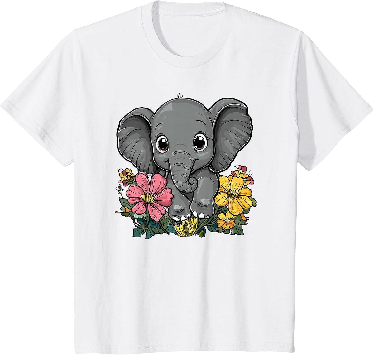 Cute Elephant Surrounded By Flowers T-Shirt - White