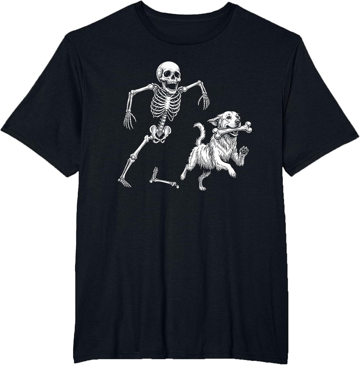 Cute Golden Retriever with Skeleton Bone Halloween Dog Lover T-Shirt - Black