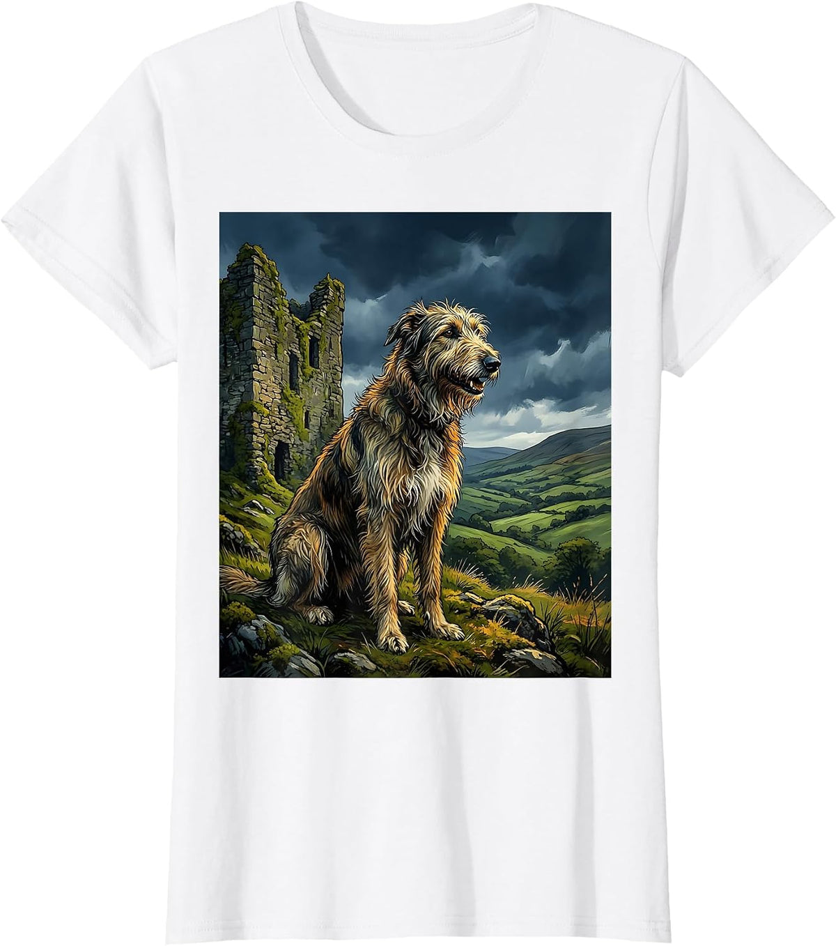 Irish Wolfhound and Castle Ruins Illustration T-Shirt - White
