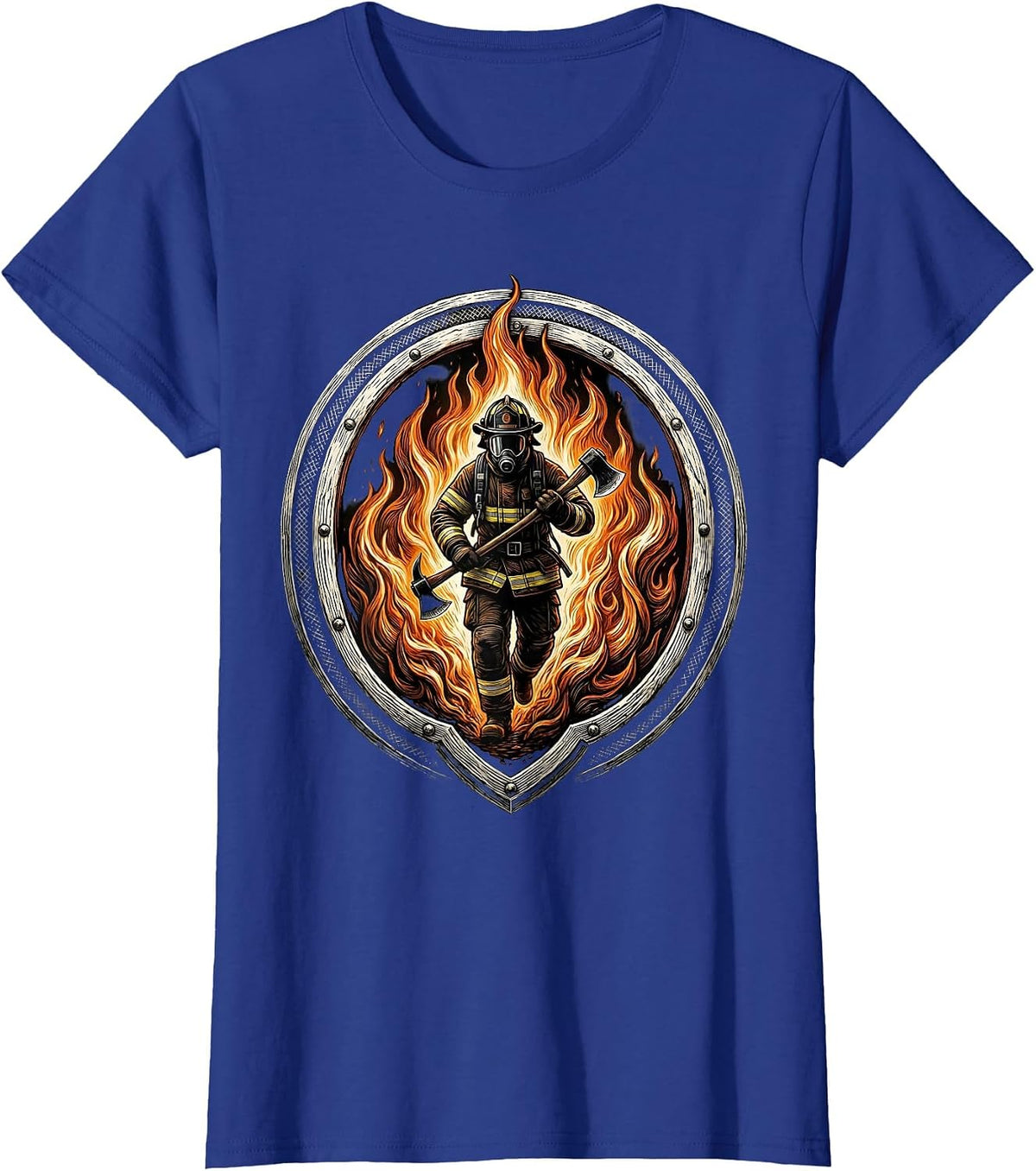 Women's Firefighter Silhouette Walking Through Flames T-Shirt - Royal Blue