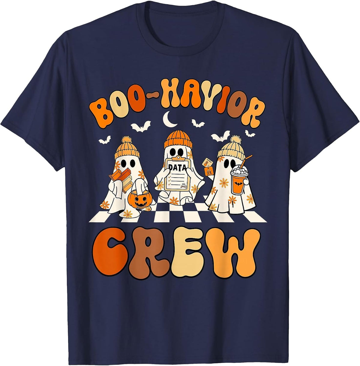 Behavior Analyst Halloween ABA Cute Ghost Boo-Havior Crew T-Shirt - Navy Blue