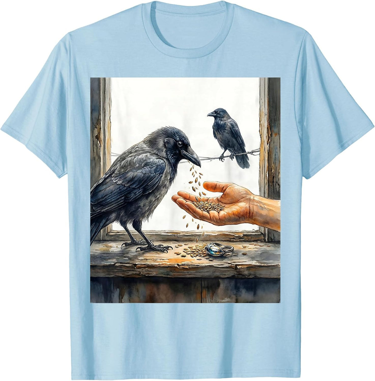 Men's Crow Raven Watercolor Gothic Dark Humor Bird Lover T-Shirt - Baby Blue