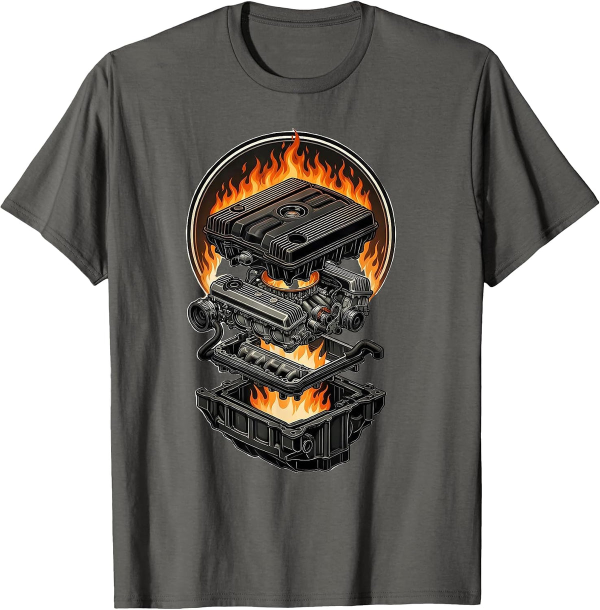 Flaming Car Engine Graphic Tee T-Shirt - Asphalt Grey