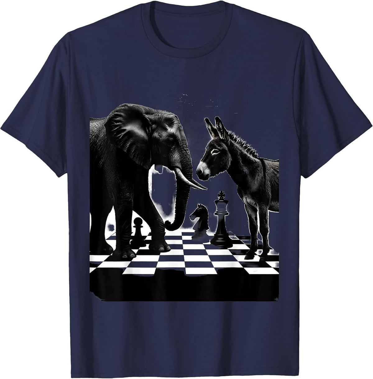 Political Chess Match Elephant vs Donkey Design T-Shirt - Navy Blue