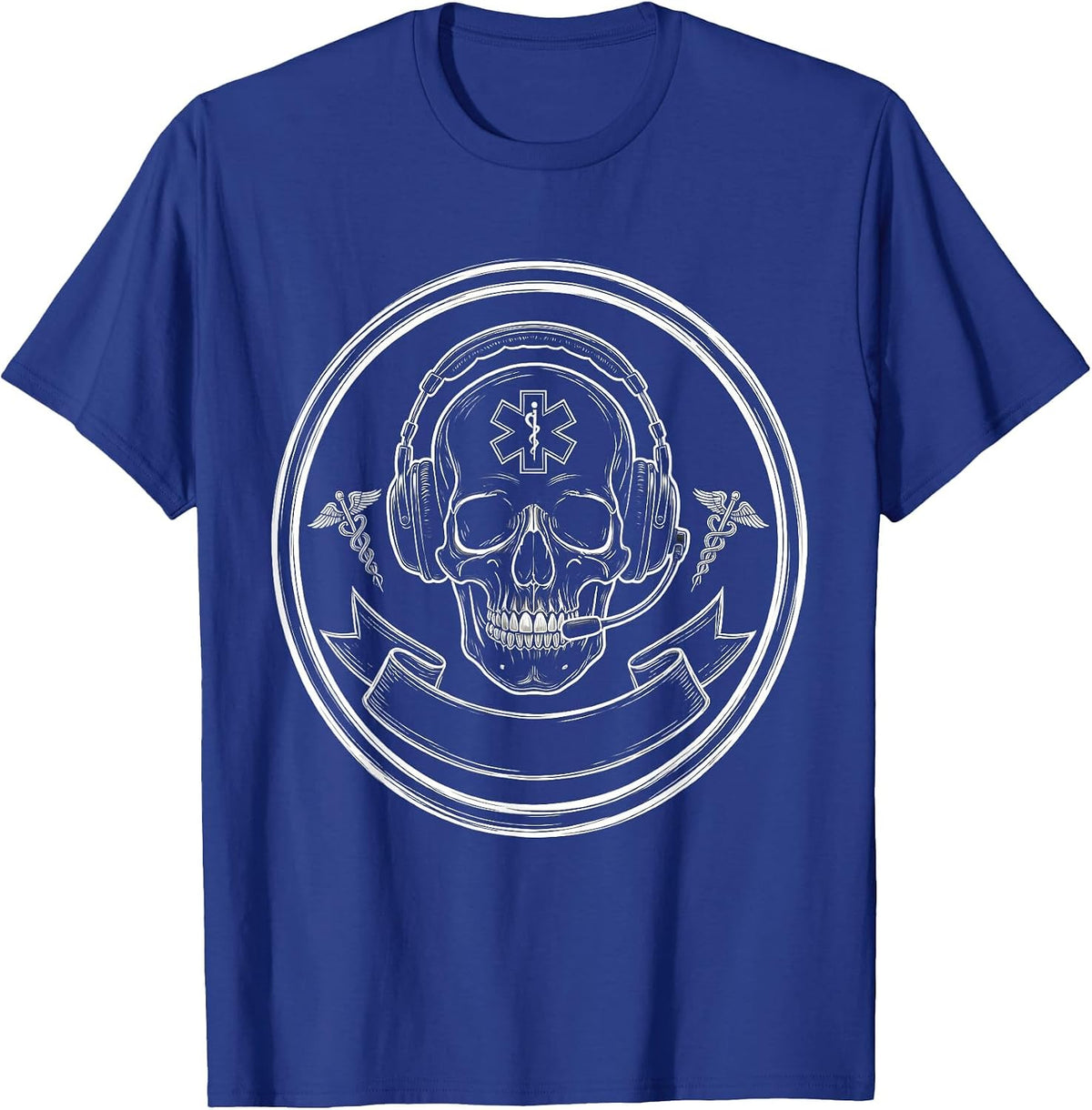 Men's EMT Skull Badge and Headset Graphic Design T-Shirt - Royal Blue