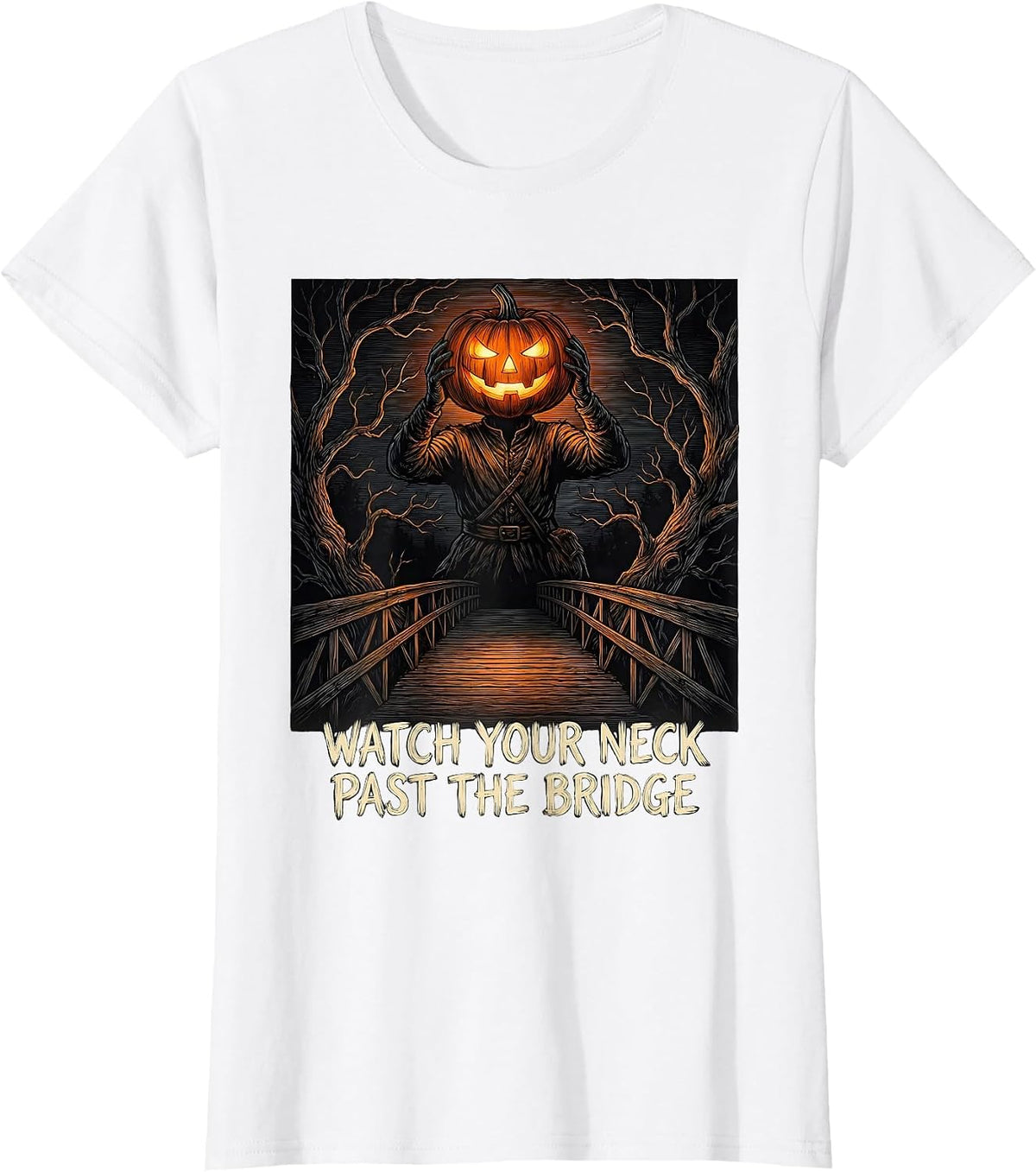 Women's Watch Your Neck Past The Bridge Vintage Gothic Halloween T-Shirt - White