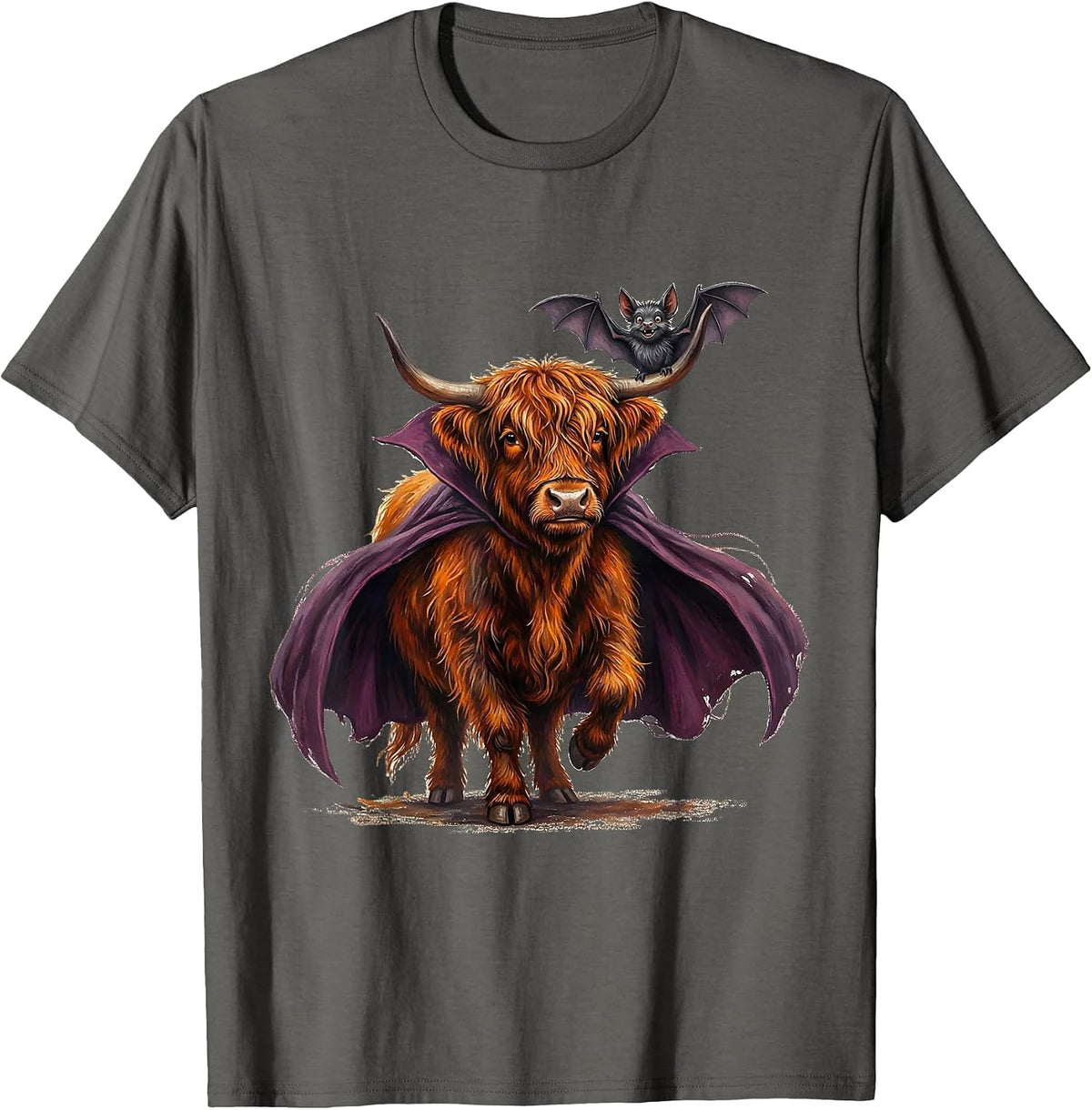 Shaggy Highland Cow Vampire Cape Funny Halloween T-Shirt - Asphalt Grey