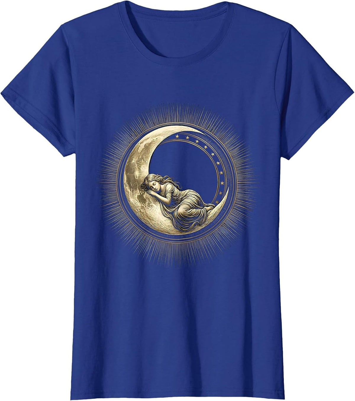Women's Crescent Moon Sleeping Woman Celestial Art T-Shirt - Royal Blue