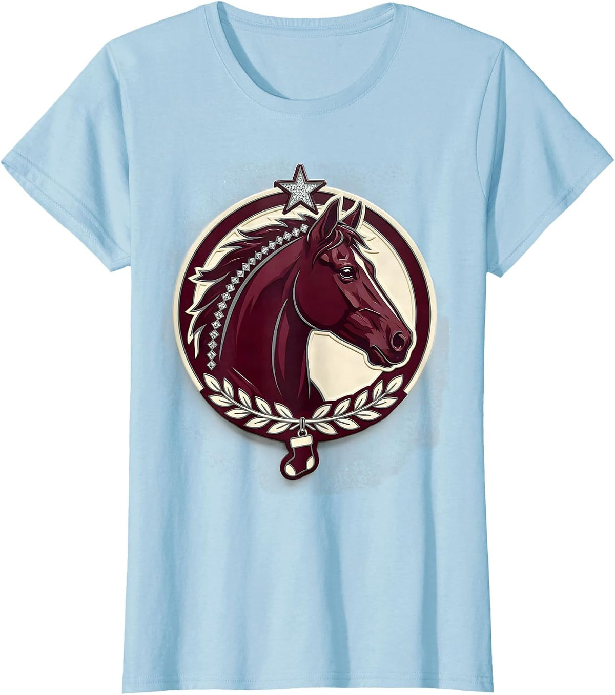 Women's Horse Head Seal Sparkle Varsity Horse Lover Christmas Pajama T-Shirt - Baby Blue