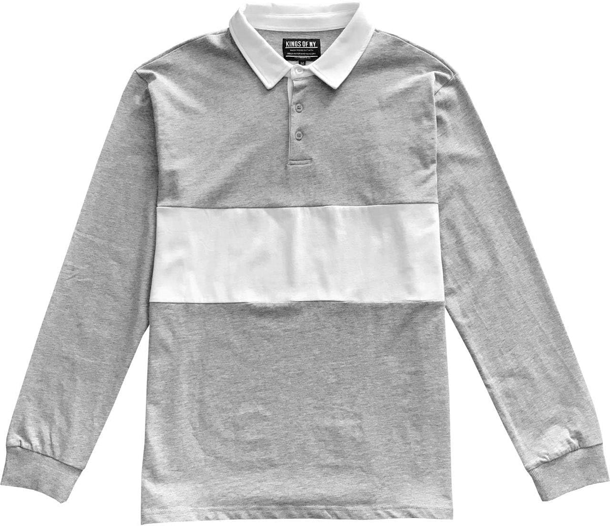 Kings Of NY Classic Mens Long Sleeve Sports Polo Rugby Shirt - Grey