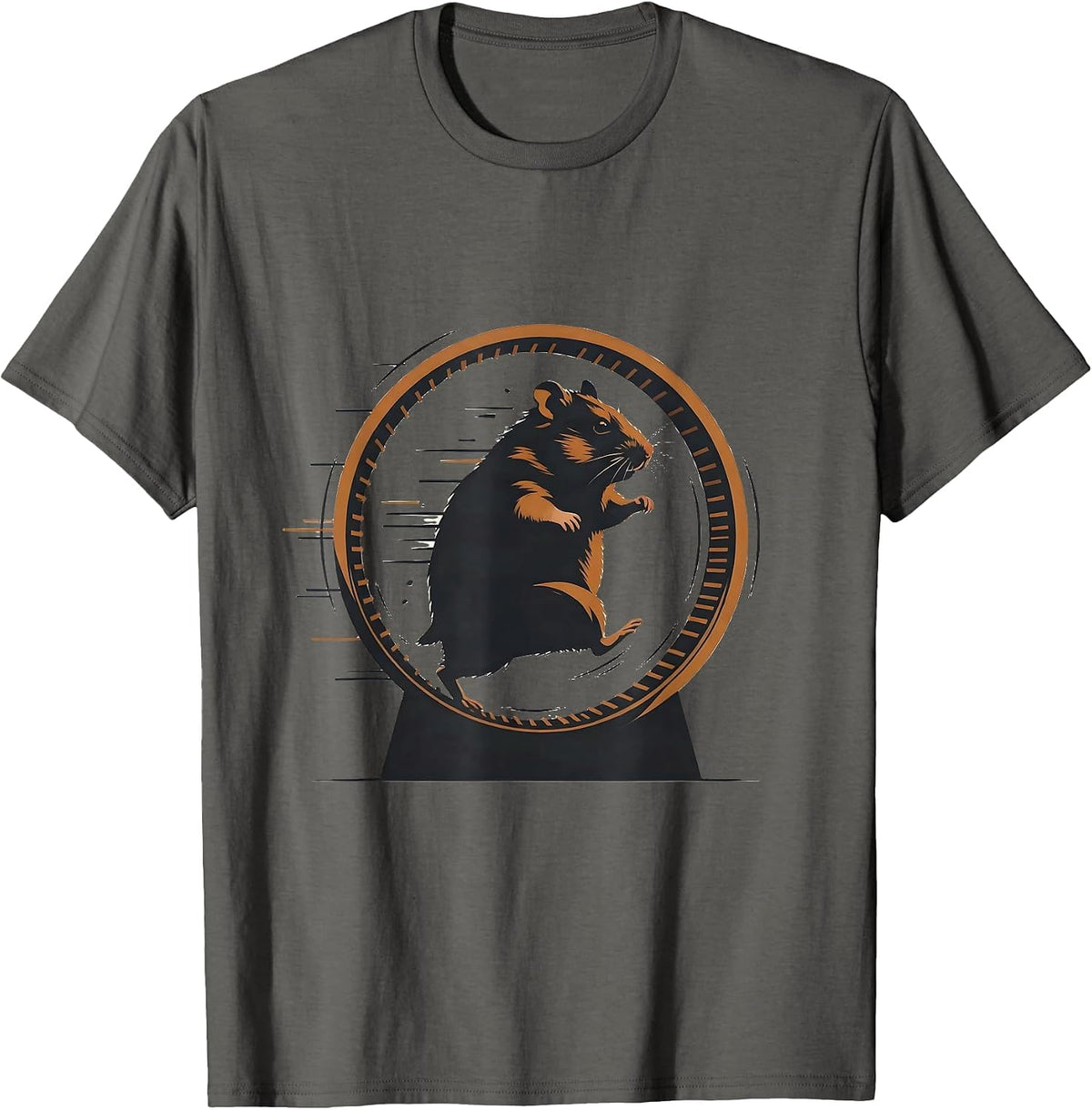 Hamster Frozen Mid-Run on Wheel Funny Graphic T-Shirt - Asphalt Grey