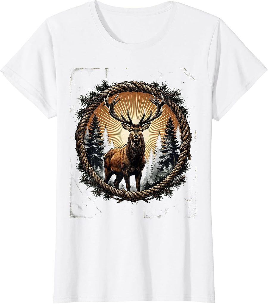 Women's Buck in Misty Forest Clearing Hunting Graphic T-Shirt - White