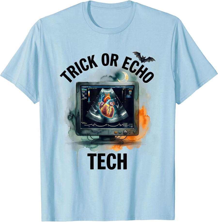 Men's Trick Or Echo Tech Watercolor Halloween Radiology Tech Humor T-Shirt - Baby Blue