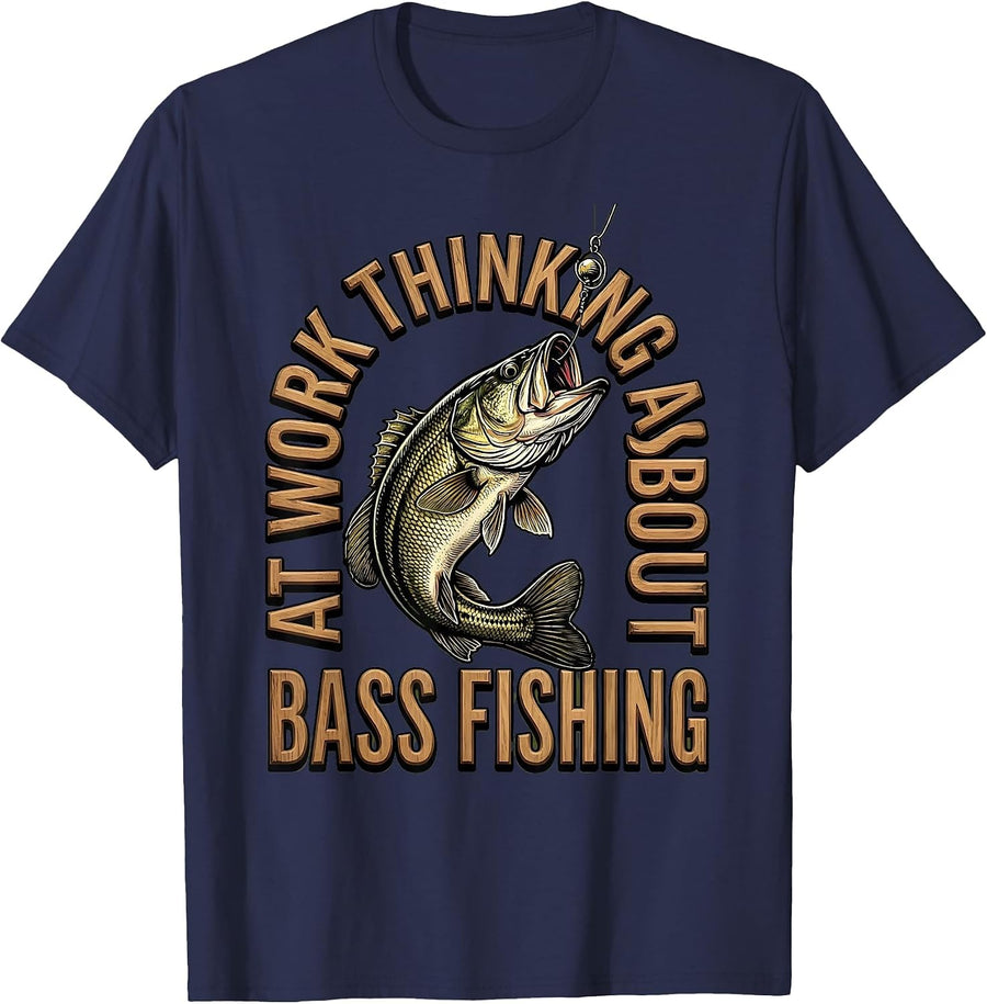 At Work Thinking About Bass Fishing Funny Fishing Dad Humor T-Shirt - Navy Blue