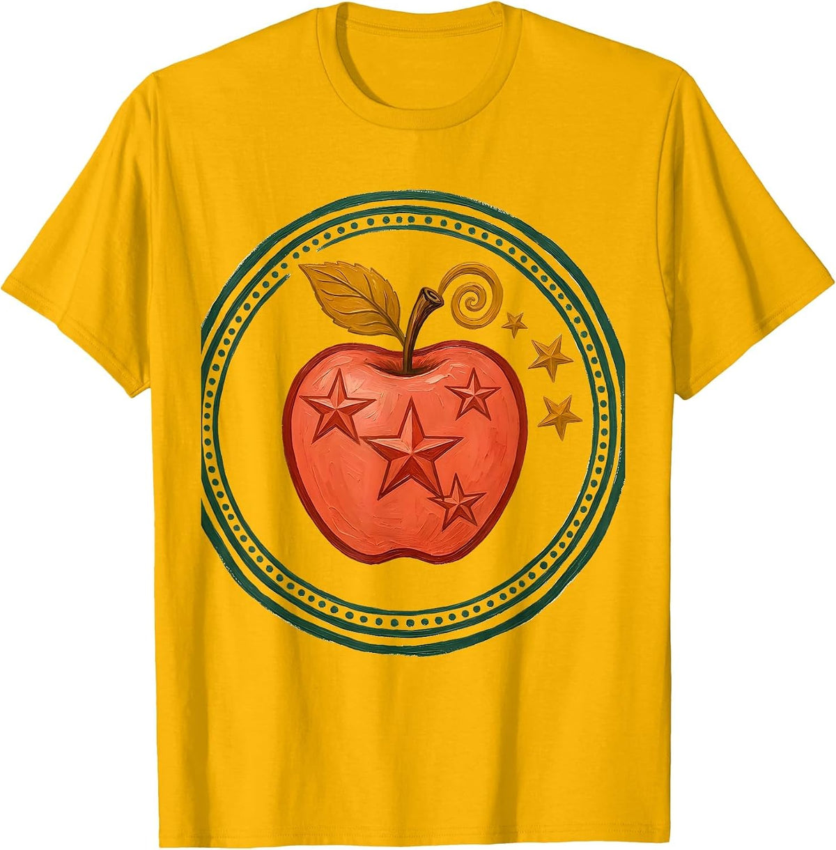 Whimsical Apple Folk Art Y2K Kawaii Grunge Teen T-Shirt - Golden Yellow