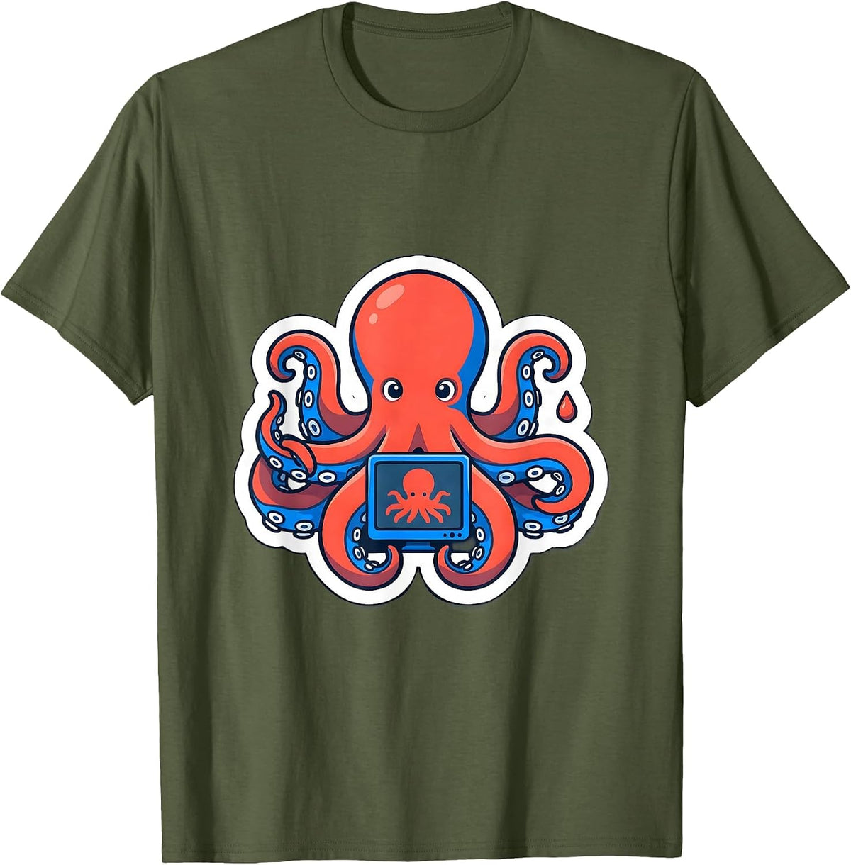 Men's Compact Octopus Sticker Style Vintage Ocean Lover T-Shirt - Olive Green