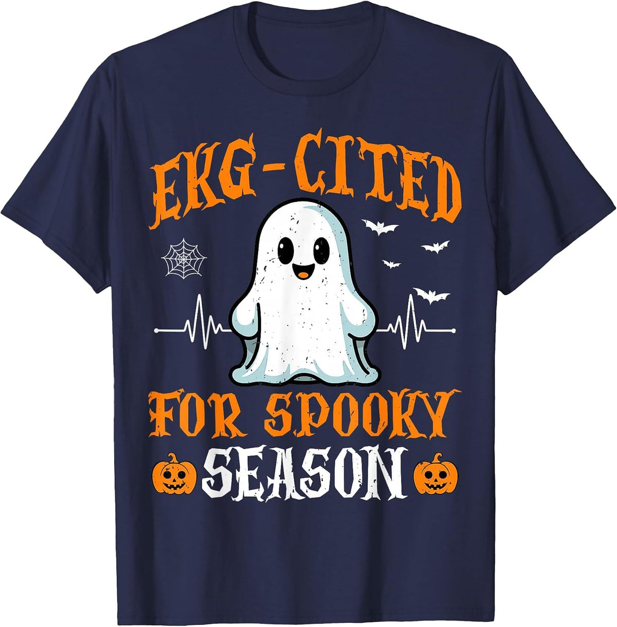 Heartbeat EKG Cited Spooky Cardiac Nurse Ghost Halloween T-Shirt - Navy Blue