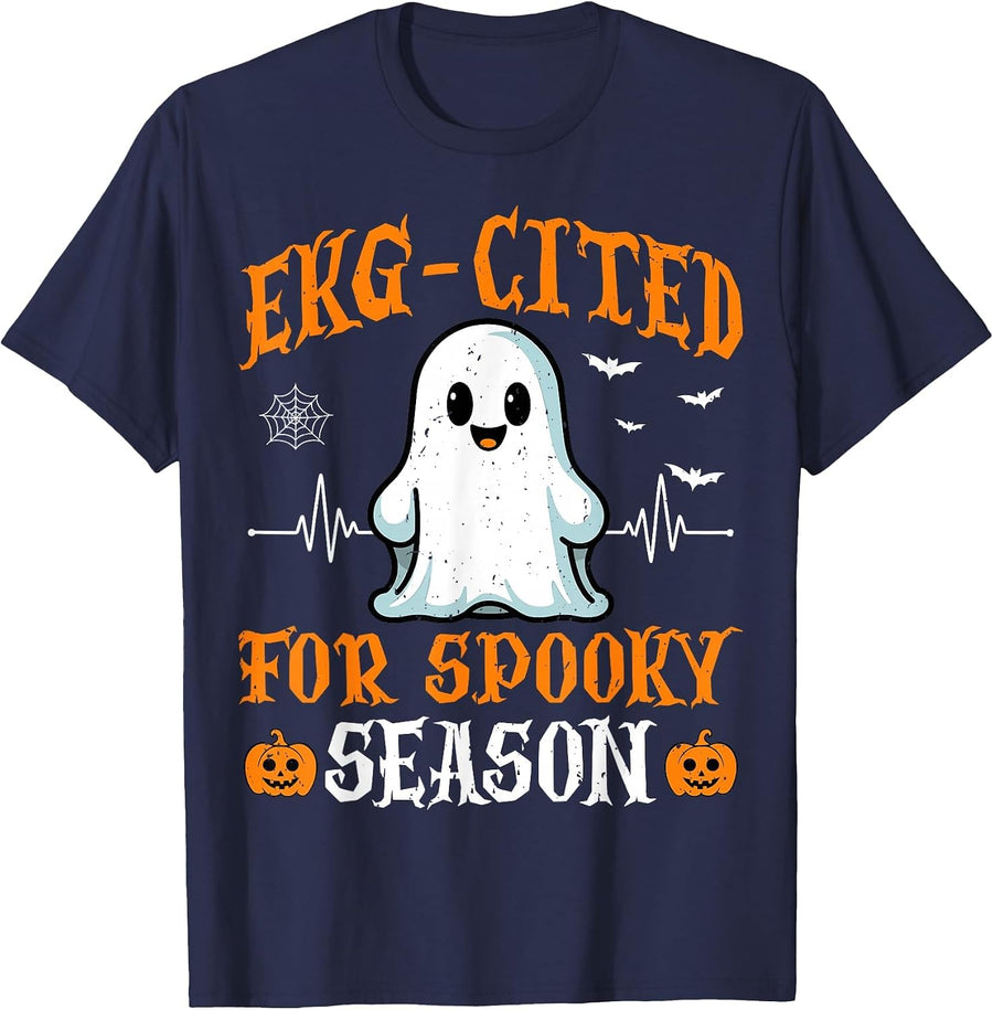 Heartbeat EKG Cited Spooky Cardiac Nurse Ghost Halloween T-Shirt - Navy Blue