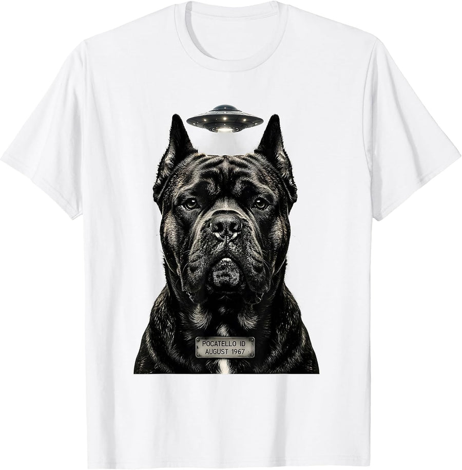 Men's Pocatello ID August 1967 Funny Cane Corso UFO Selfie T-Shirt - White