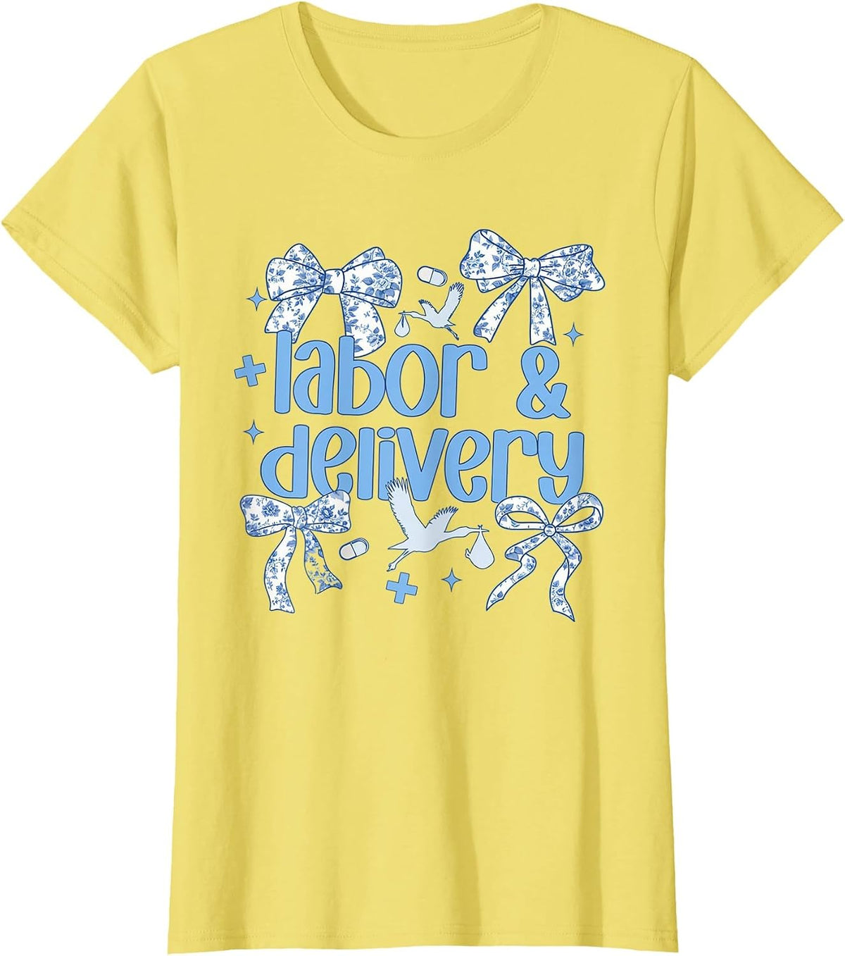 Labor and Delivery Nurse Blue Toile Nurse Stork Squad OB T-Shirt - Lemon Yellow
