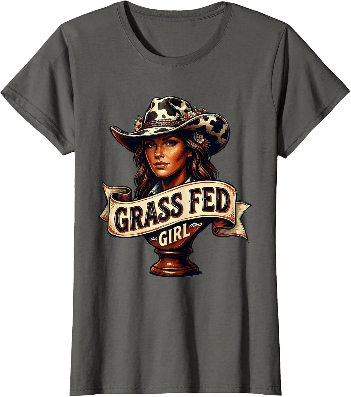 Women's Grass Fed Girl Funny Cow Lover Design T-Shirt - Asphalt Grey