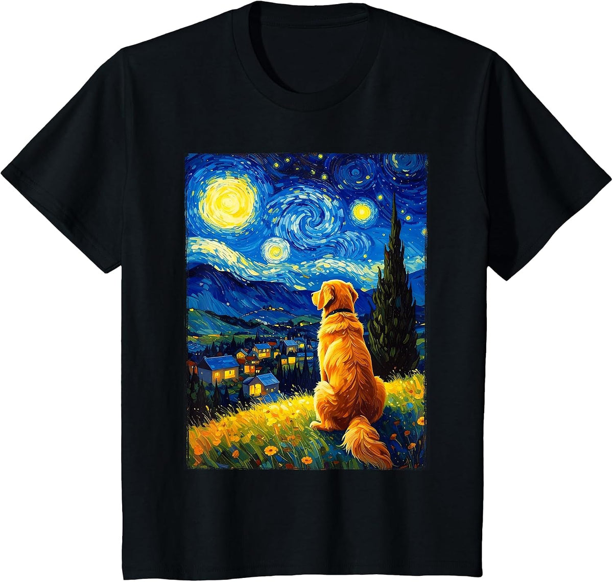 Van Gogh Starry Night Painting Golden Retriever Dog T-Shirt - Black