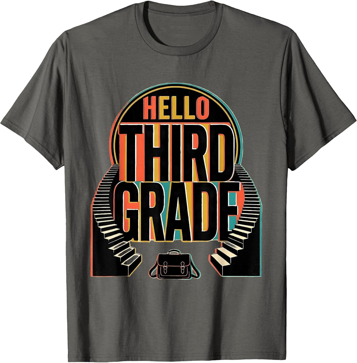 Men's Hello Third Grade Playful Whimsical Kids Teacher Back T-Shirt - Asphalt Grey