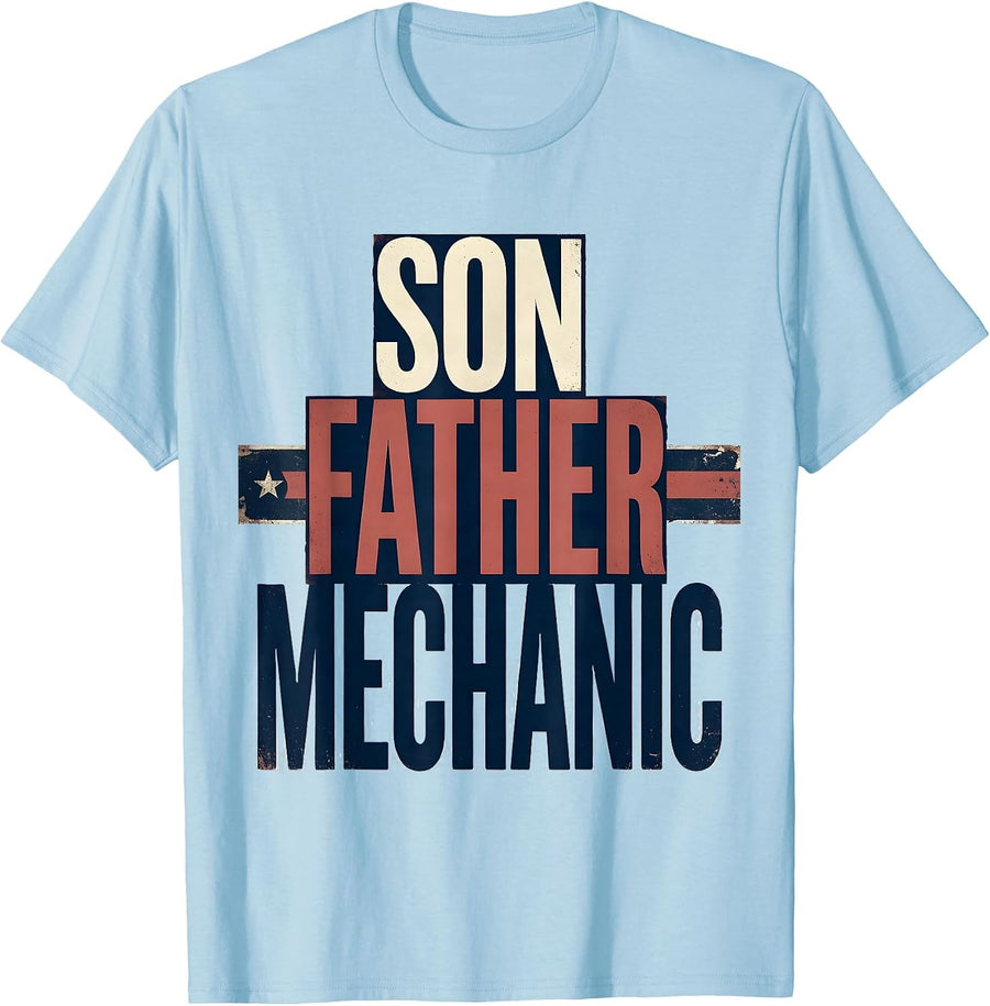 Men's Son Father Mechanic Patriotic American Flag Oilfield Worker T-Shirt - Baby Blue