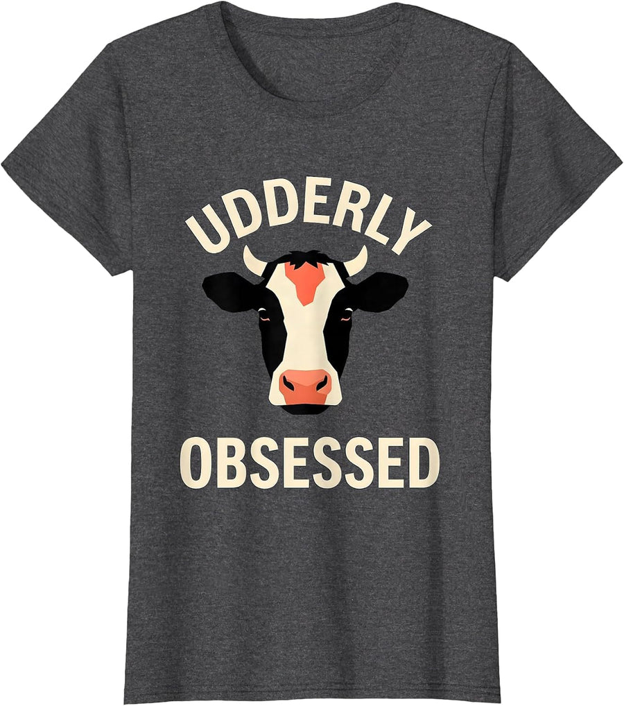 Women's Udderly Obsessed Funny Cow Farmer Cow Lover Humor T-Shirt - Dark Heather Grey