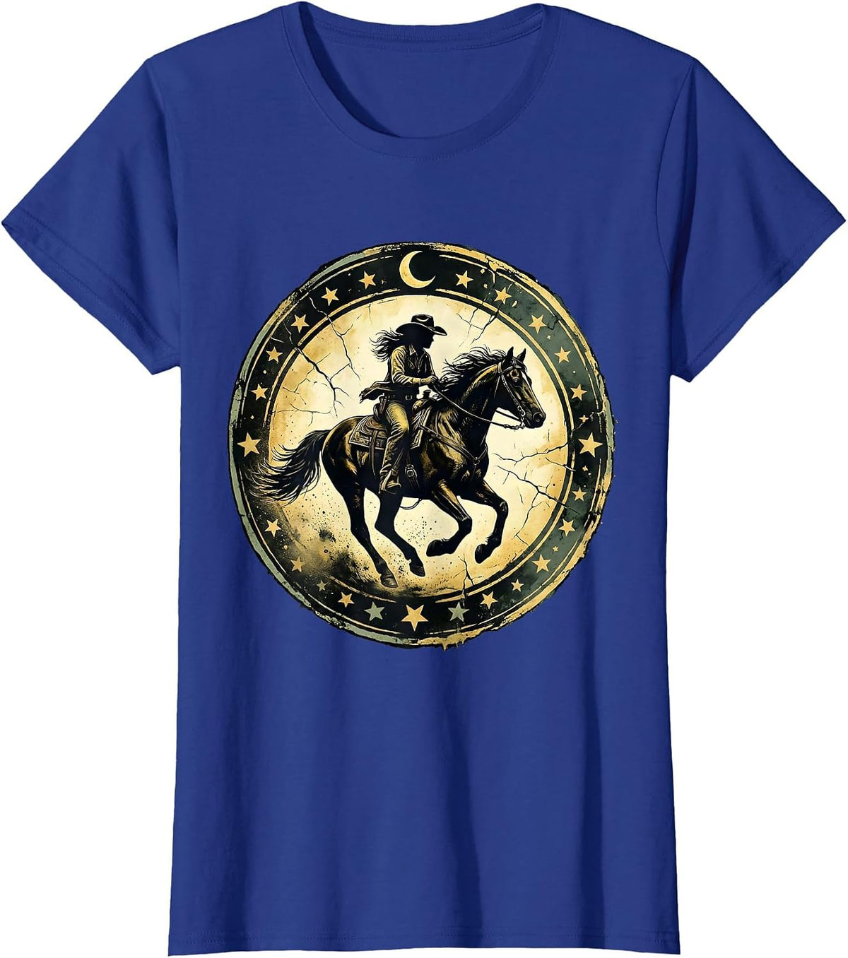 Women's Cowgirl Riding Horse Under Starry Night Sky T-Shirt - Royal Blue