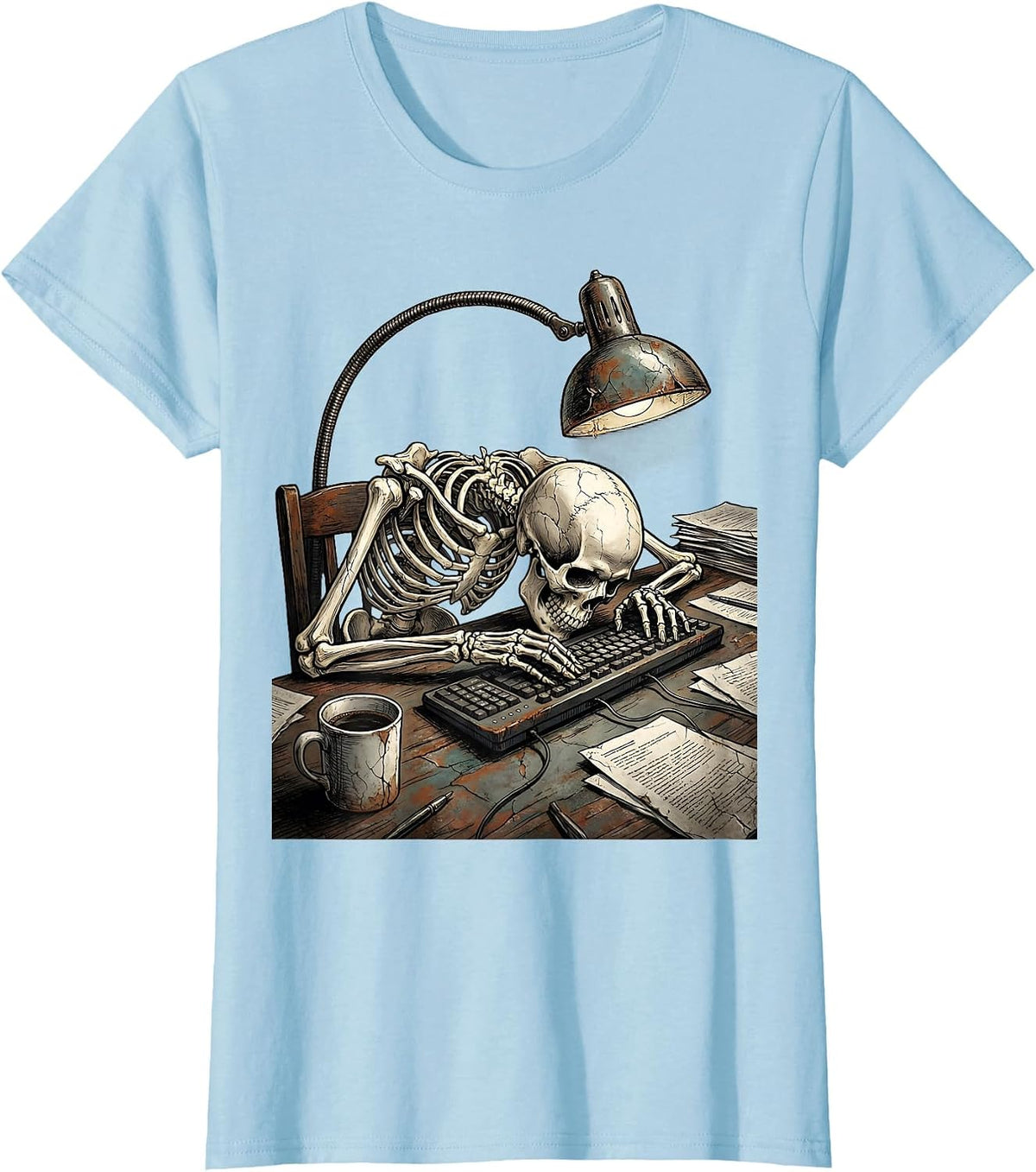 Skeleton Office Worker Slumped Over Keyboard T-Shirt - Baby Blue
