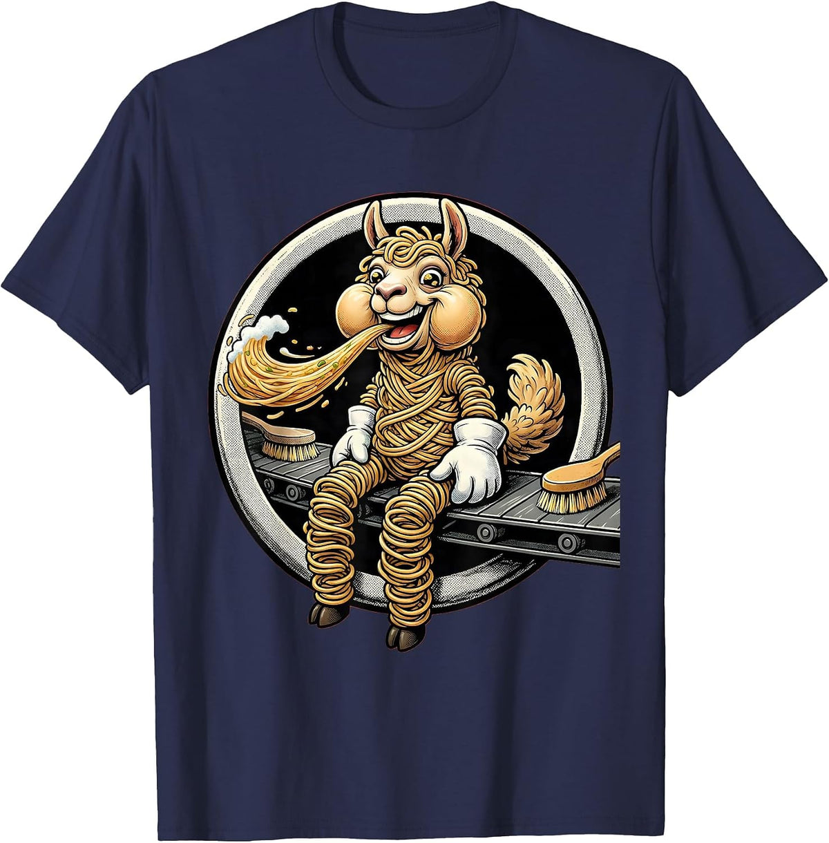 Funny Llama Spitting at Car Wash Conveyor T-Shirt - Navy Blue