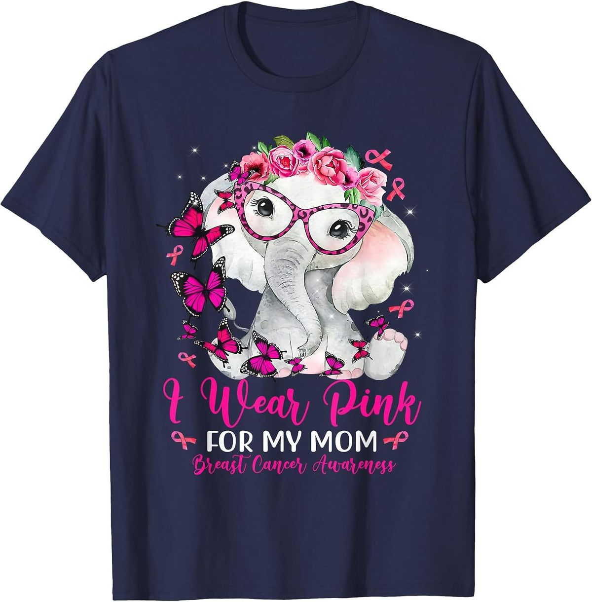 I Wear Pink for My Mom Elephant Breast Cancer Awareness T-Shirt - Navy Blue