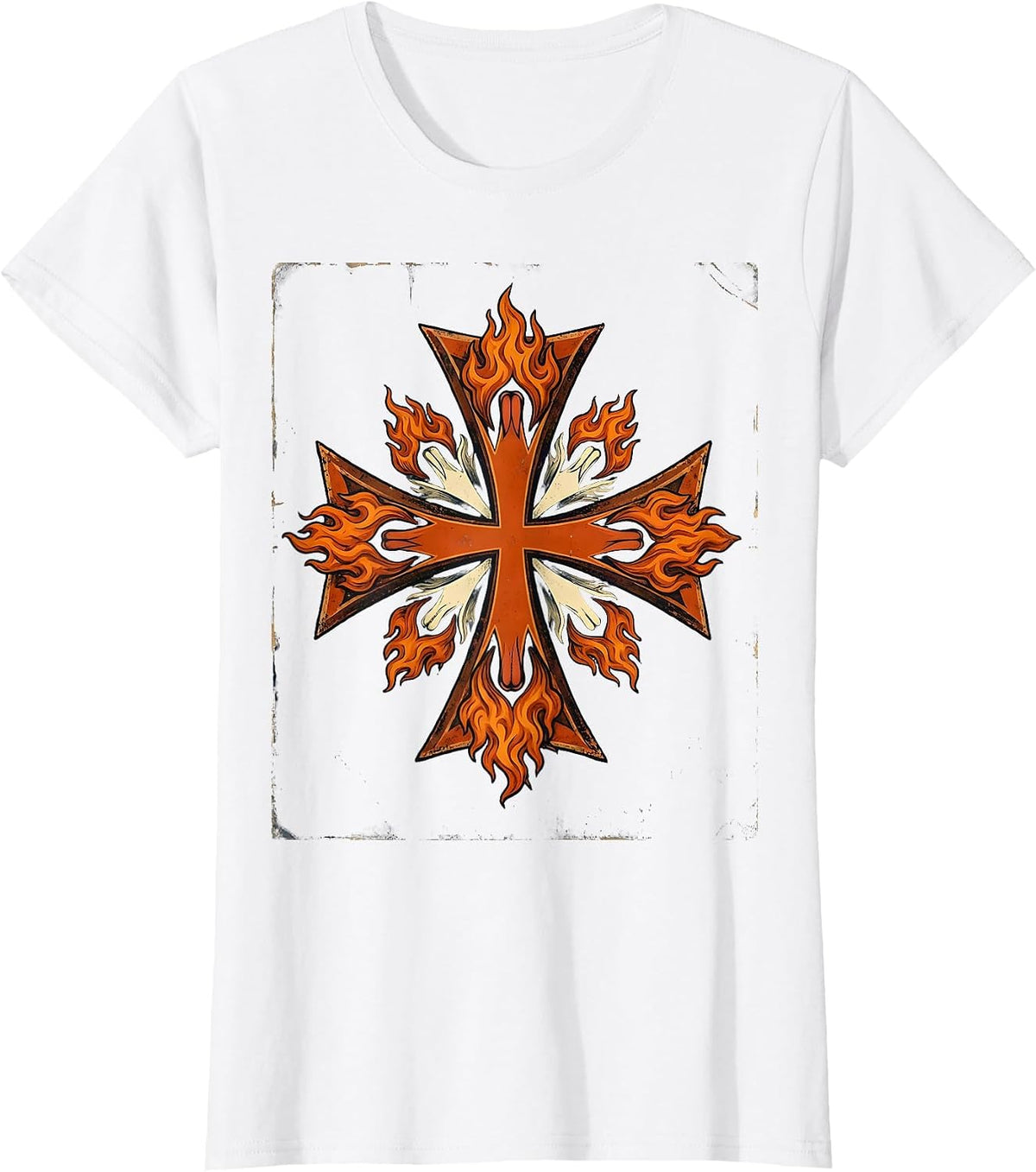 Firefighter Maltese Cross Flames Illustration T-Shirt - White