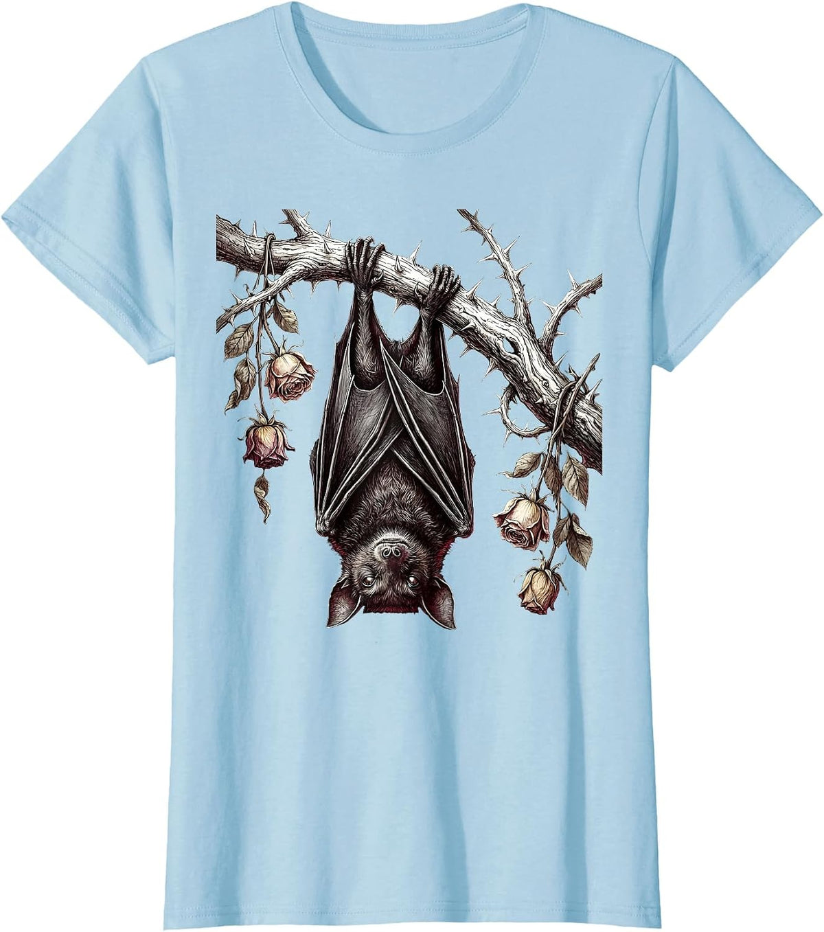 Emo Bat on Thorn Branch Gothic Illustration T-Shirt - Baby Blue