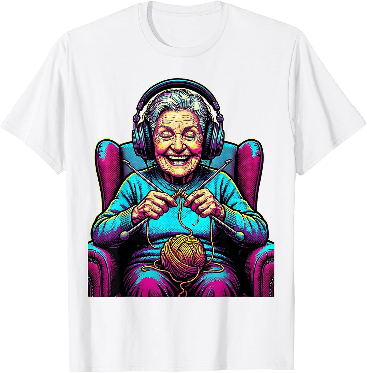 Men's Grandma Knitting With Headphones On Graphic T-Shirt - White