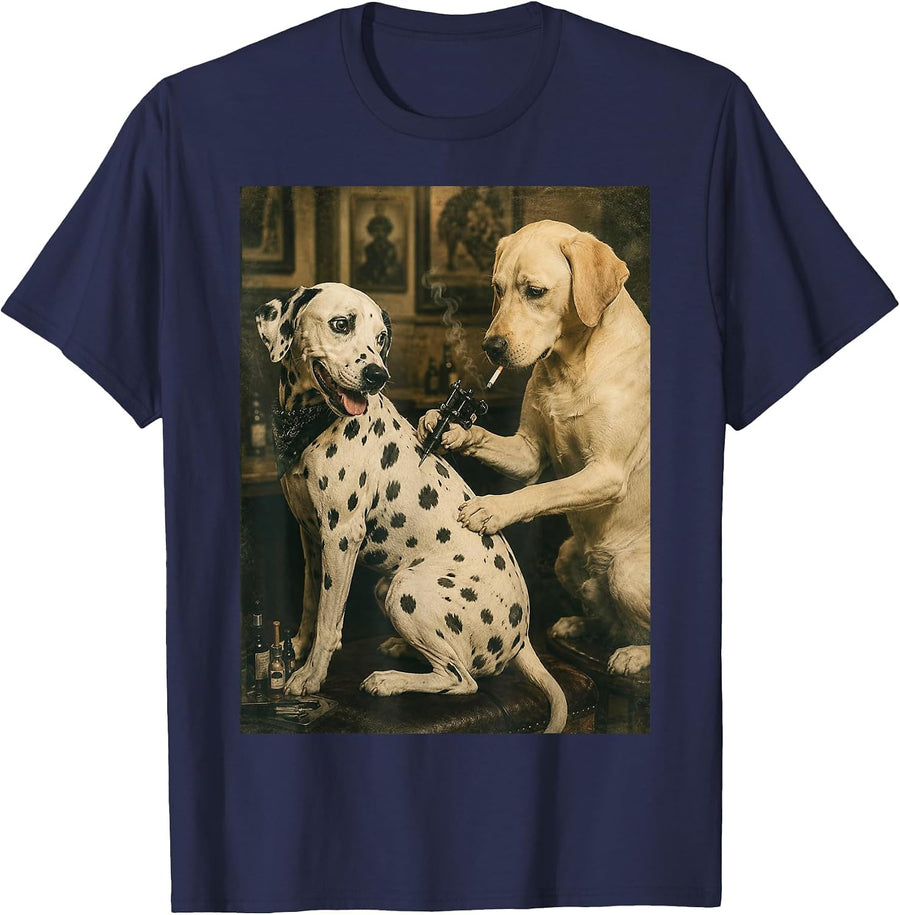 Retro Dalmatian Dog Smoking Tattoo Artist Funny Meme Graphic T-Shirt - Navy Blue