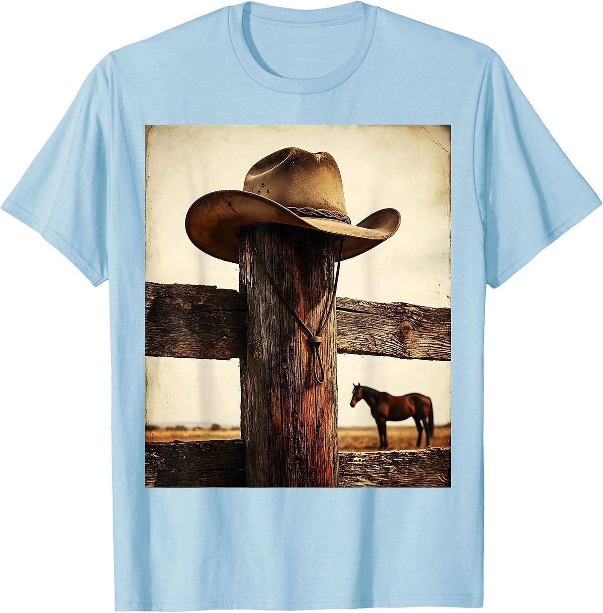 Men's Cowboy Hat on Fence Post Western Horse Design T-Shirt - Baby Blue