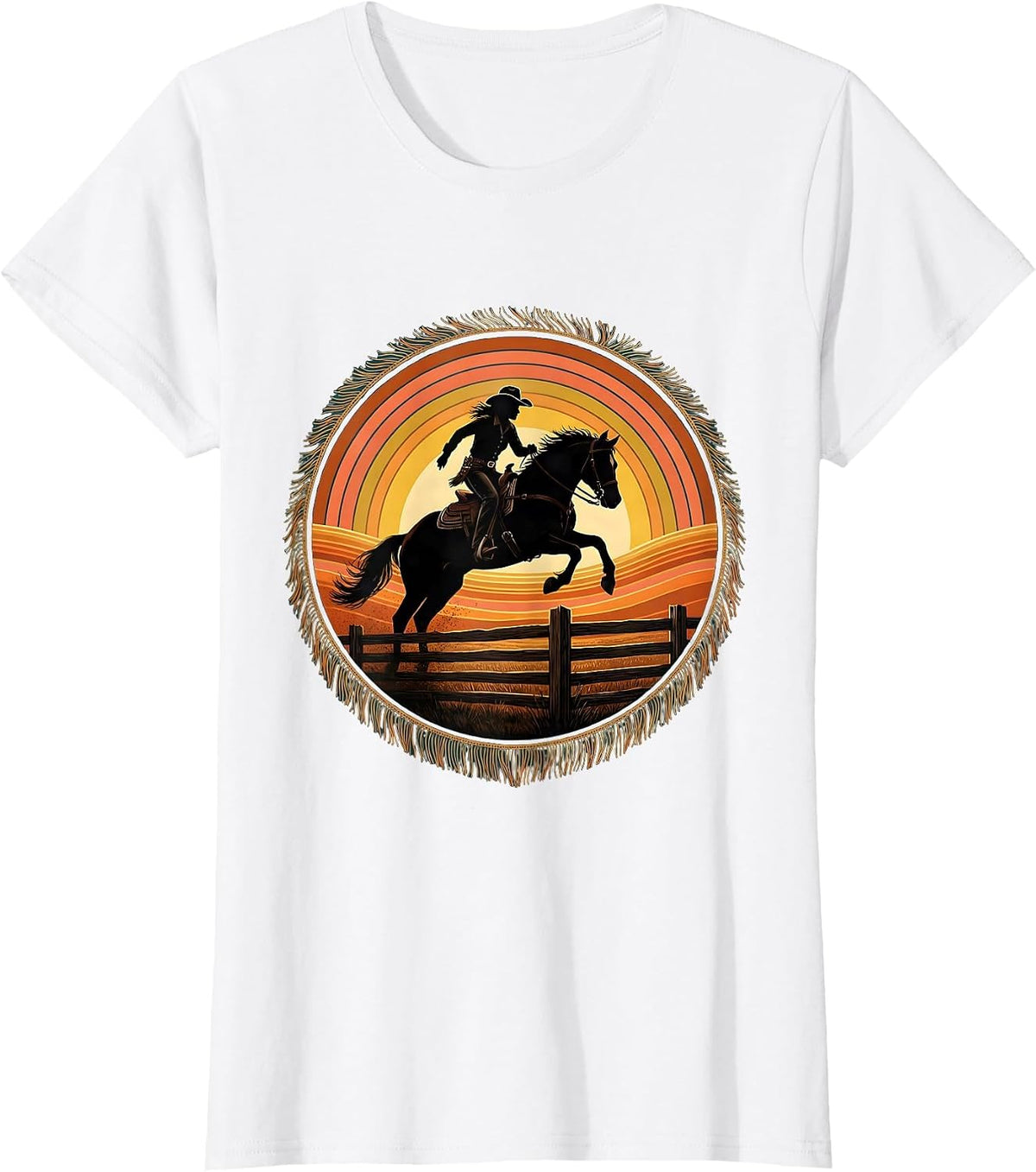 Cowgirl Jumping Fence on Horseback at Sunrise T-Shirt - White