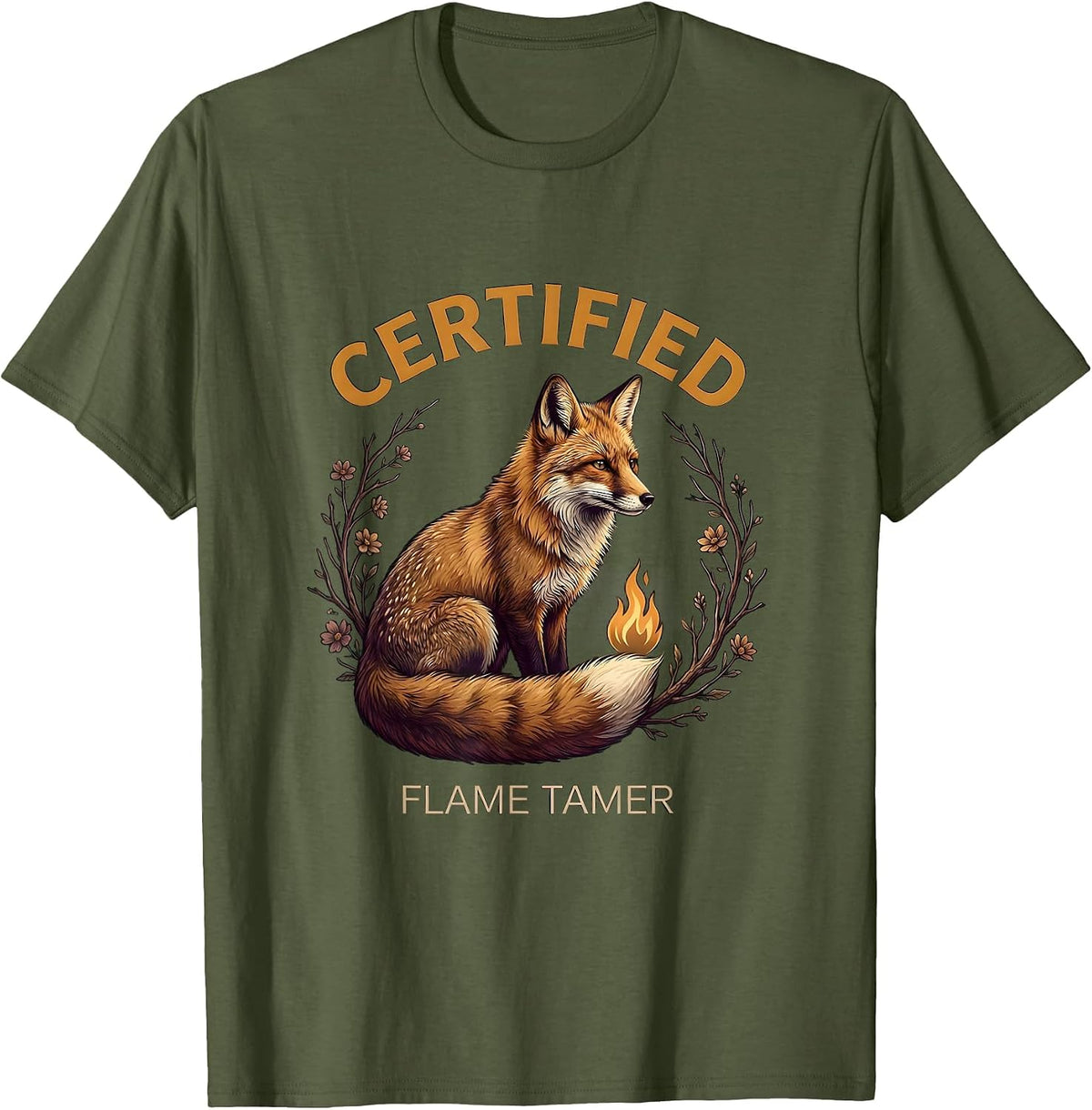 Men's Certified Flame Tamer Firefighter Graphic Design T-Shirt - Olive Green