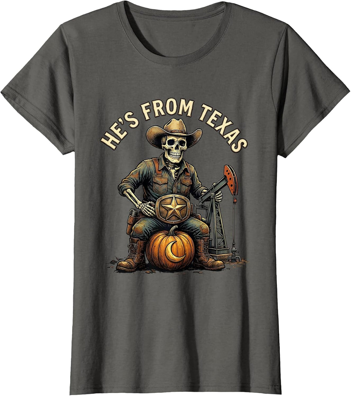 Women's He's From Texas Funny Skeleton Cowboy Halloween Horror T-Shirt - Asphalt Grey