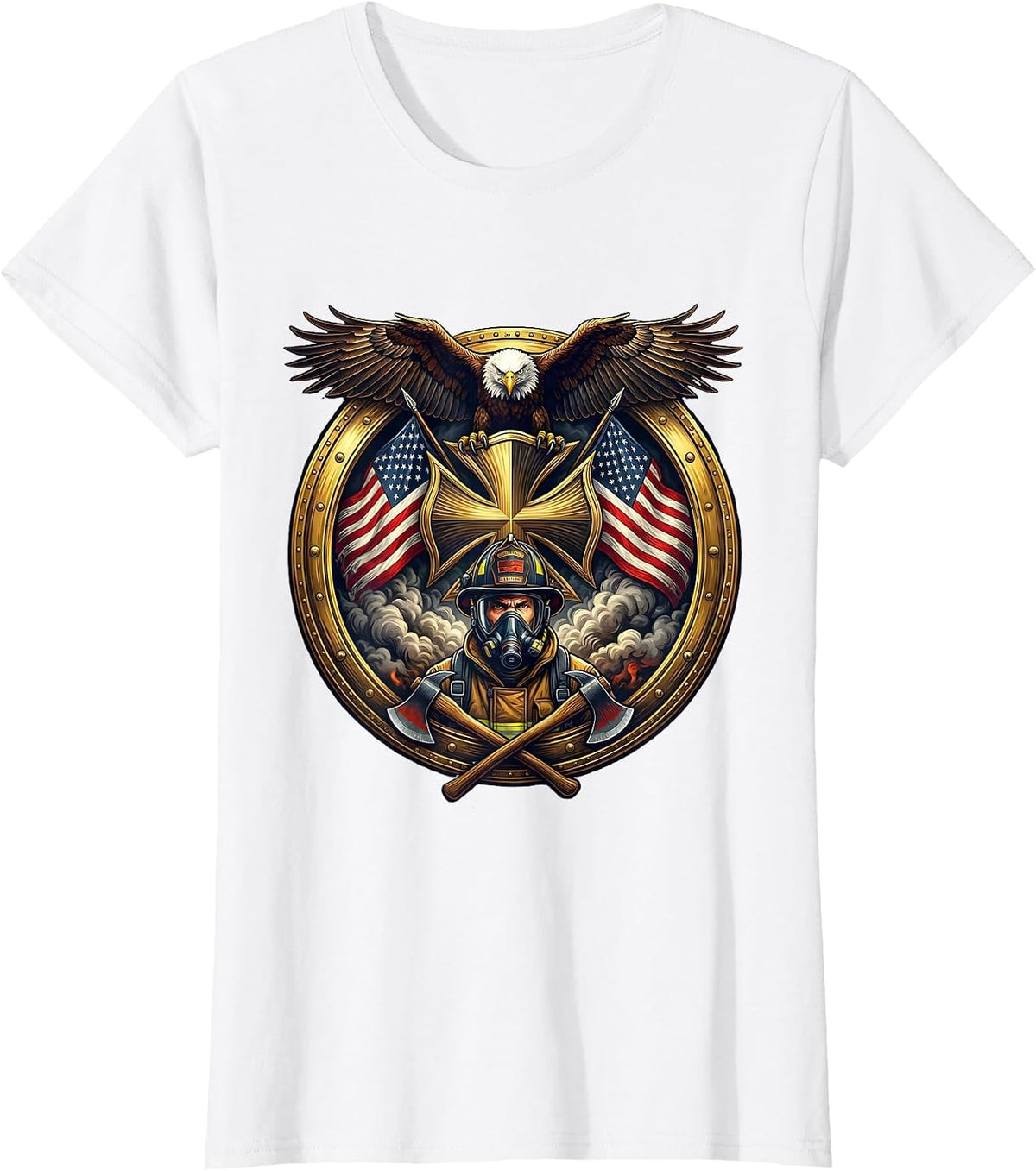 Women's Firefighter Emerging From Smoke Oxygen Mask T-Shirt - White