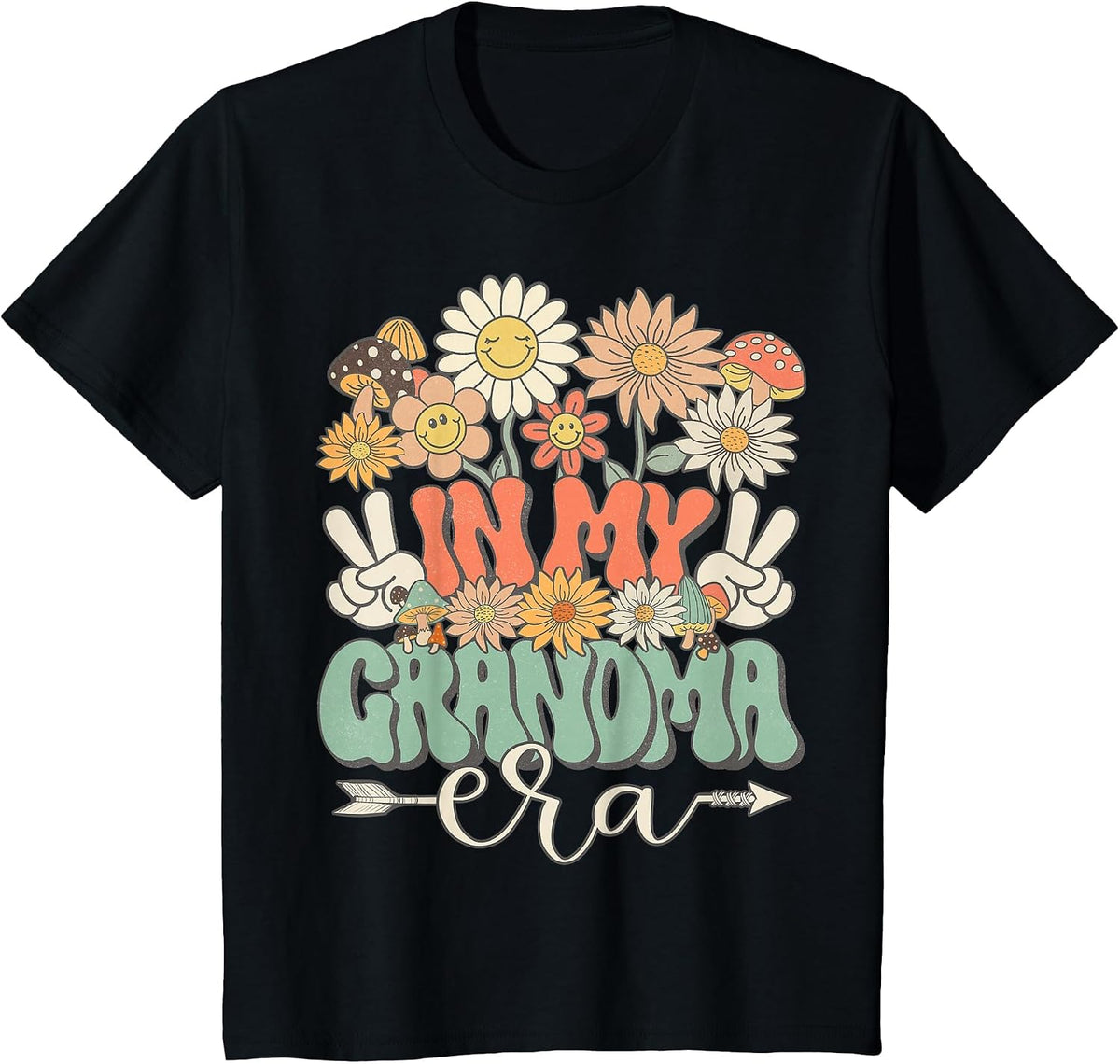 in My Grandma Era Floral Hippie Groovy Retro Matching Family T-Shirt - Black