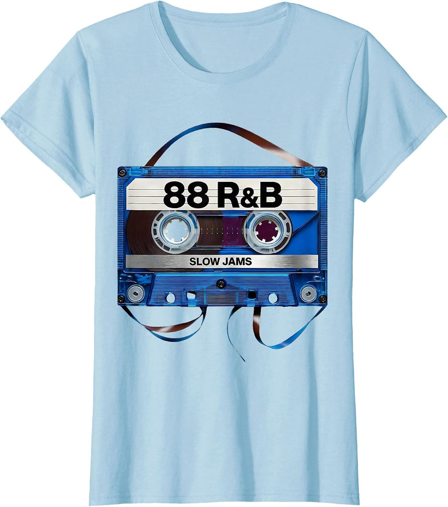 Women's 88 R&B Slow Jams Retro Cassette Deck Old School Mixtape T-Shirt - Baby Blue