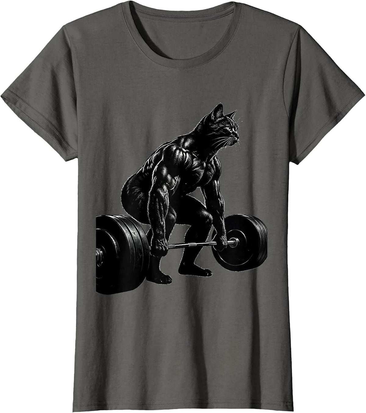 Women's Cat Deadlift Barbell Weightlifting Graphic T-Shirt - Asphalt Grey