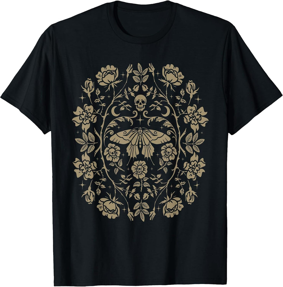 Vintage Moth Skull Aesthetic Floral for Men Women Boys Girls T-Shirt - Black