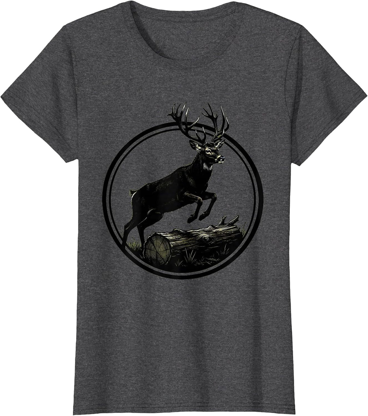 Women's Camo Buck Deer Leaping Over Fallen Log T-Shirt - Dark Heather Grey