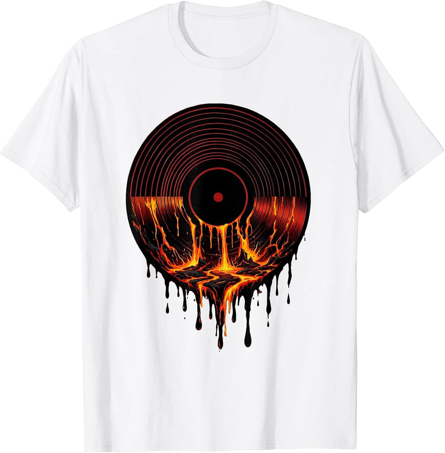 Men's Vinyl Record Melting Lava Rock Music Graphic T-Shirt - White