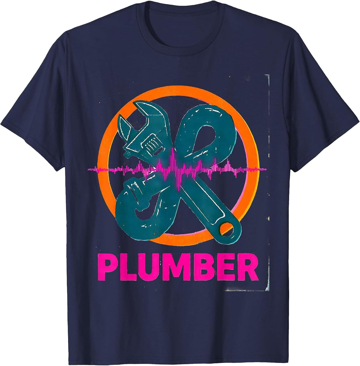 Men's Plumber Risograph Heartbeat Pulse Line Profession Identity T-Shirt - Navy Blue