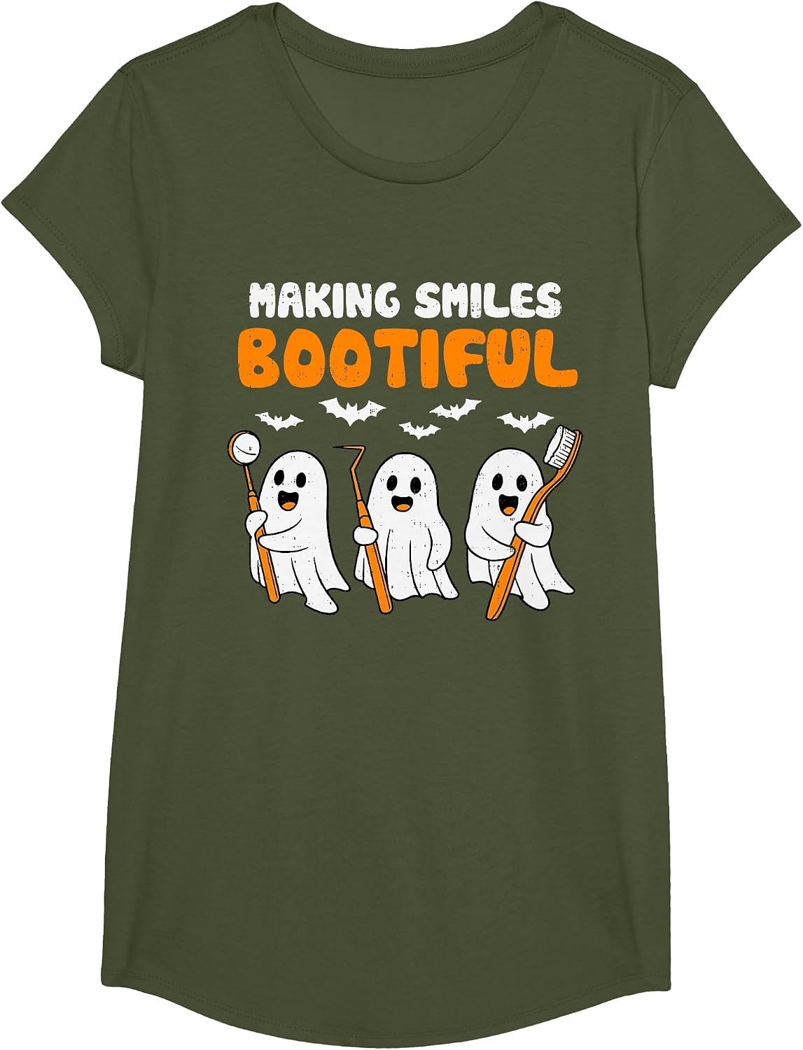 Dentist Smiles Bootiful Ghost Halloween Costume Dental Funny T-Shirt - Girls Olive Green